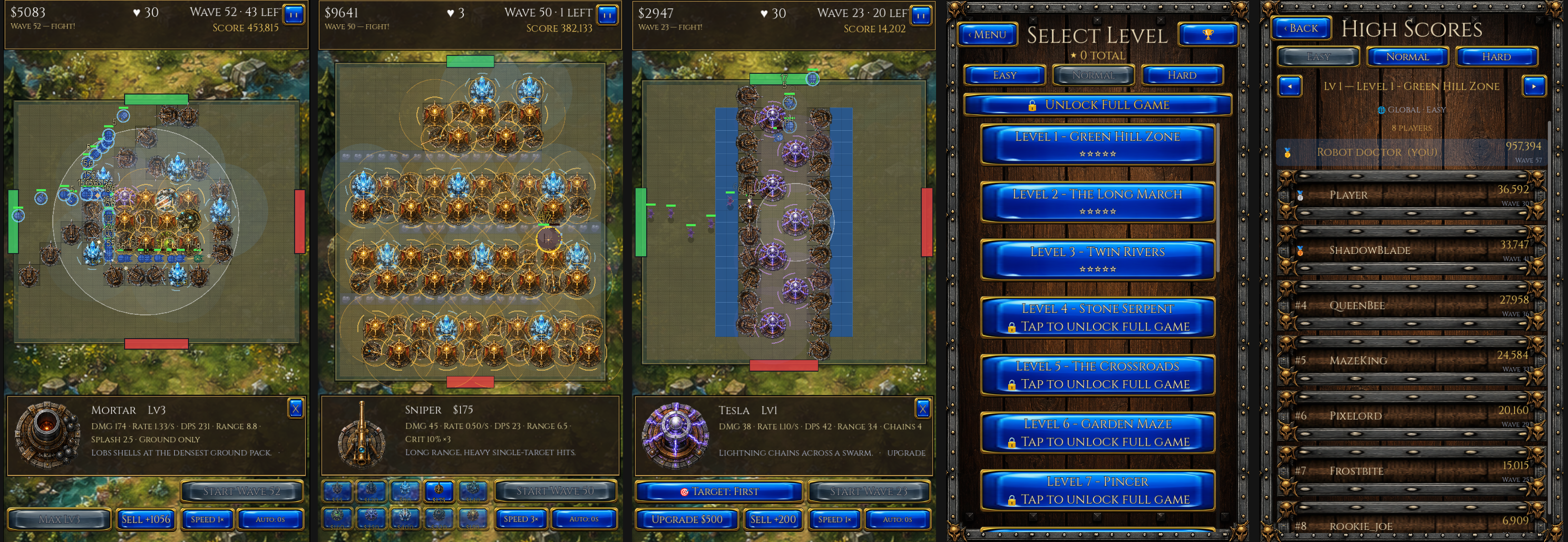 Dan's Labyrinth screenshots — maze building, wave swarm, Tesla towers, level select and global leaderboard