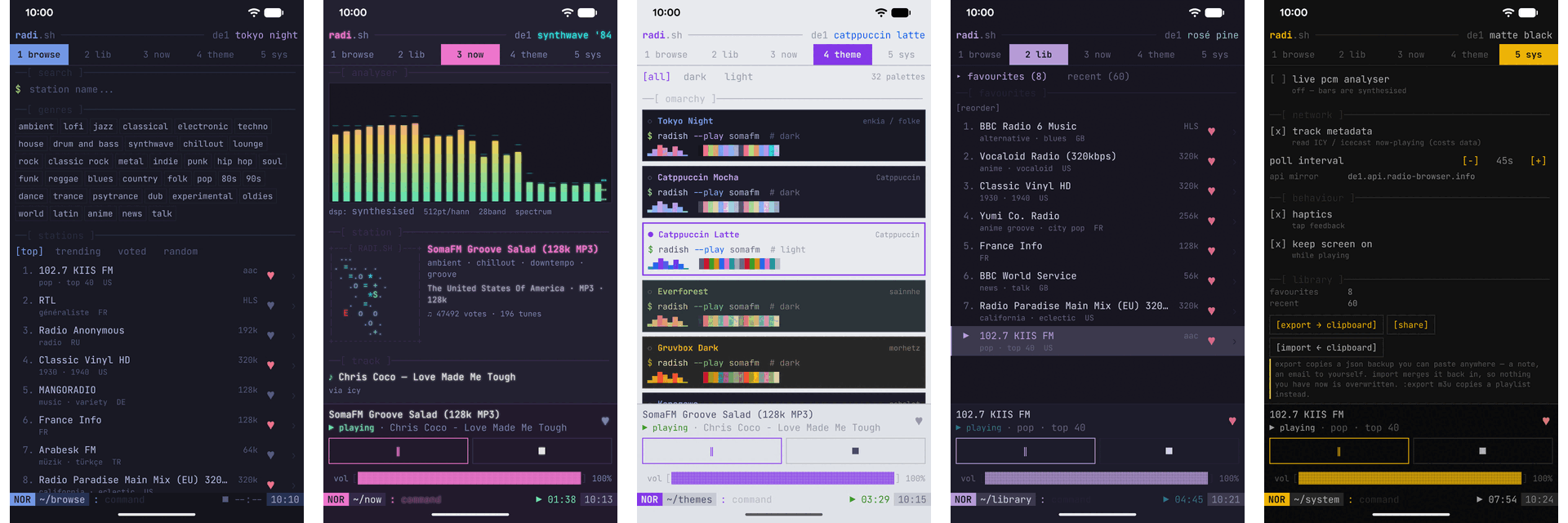 radi.sh screenshots — station browser, spectrum analyser, theme picker, library, and system settings across five colour themes